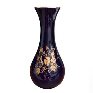 Limoges Castel France Blue Small Vase 22k Gold Trim And Gold Print